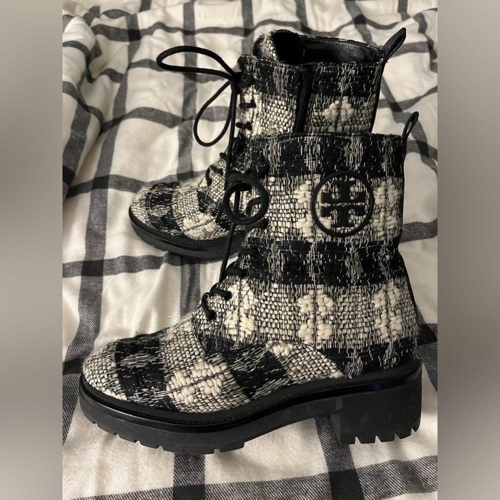 Tory Burch Plaid Ankle Booties - Black and Cream - Picture 3 of 5